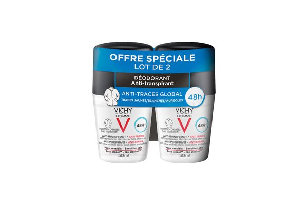 2x Déodorant Vichy Homme Bille 48H Anti-Transpirant Anti-Traces 100ml